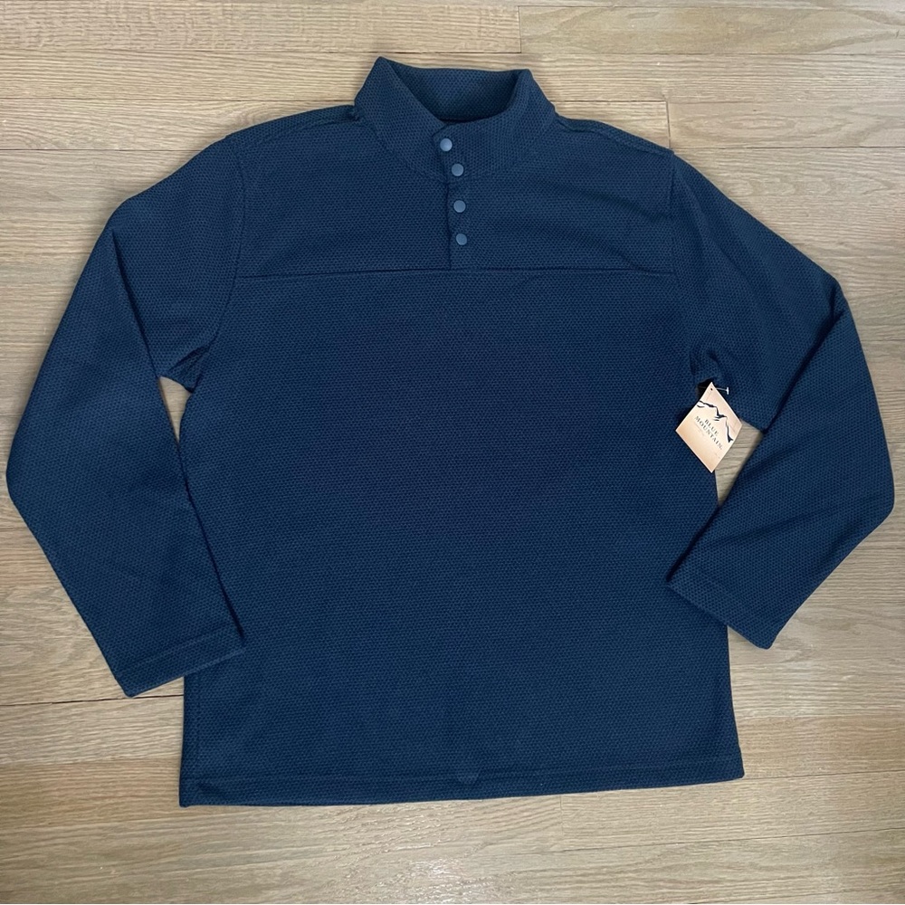 NWT Blue Mountain Men's Navy Honeycomb 1/4 Snap Fleece Pullover Sweater